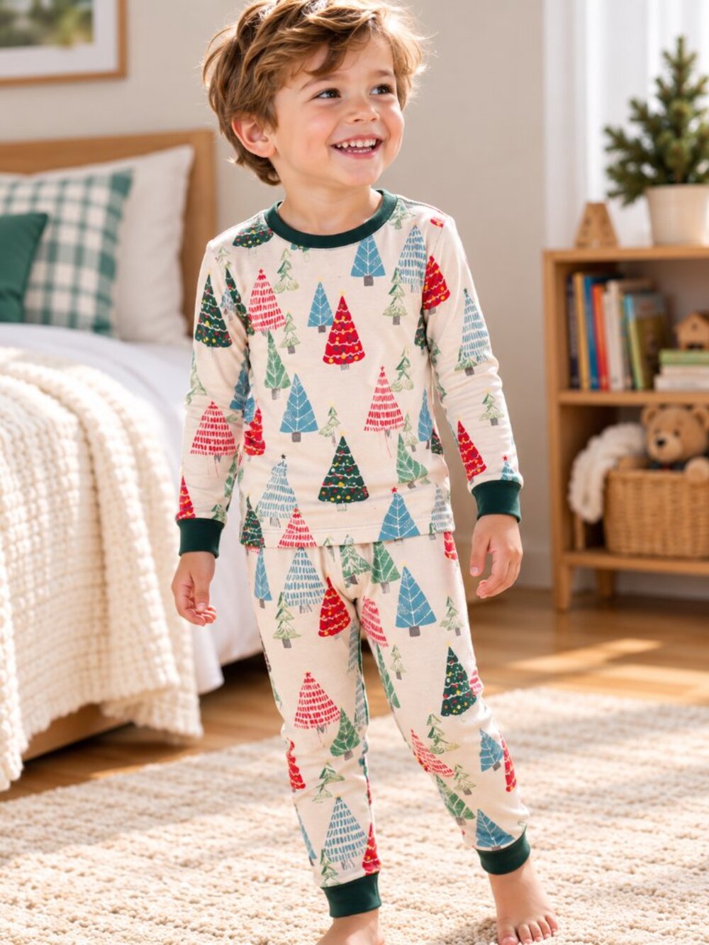Burt's Bees 3T White Holiday Tree Pajama Set with Red, Green, and Blue Trees